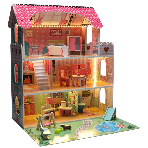Fa babaház bútorokkal és LED világítással 70 cm DOLLHOUSE GARDEN - Rózsaszín