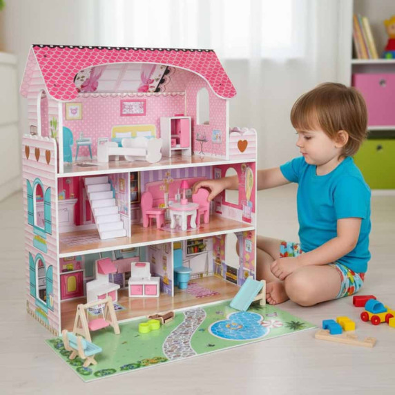 Fa babaház bútorokkal és LED világítással 70 cm DOLLHOUSE GARDEN - Rózsaszín