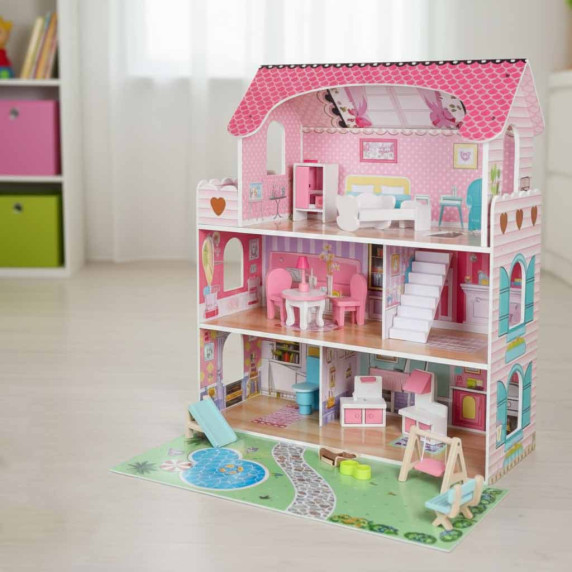Fa babaház bútorokkal és LED világítással 70 cm DOLLHOUSE GARDEN - Rózsaszín