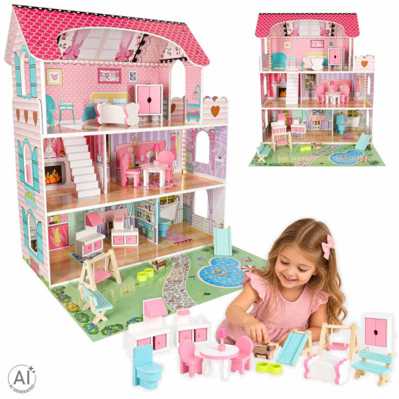 Fa babaház bútorokkal és LED világítással 70 cm DOLLHOUSE GARDEN - Rózsaszín