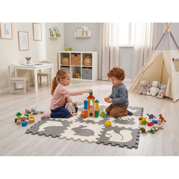 Pjenasta podloga za slagalicu, 9 dijelova, 85 x 85 cm – siva/krem