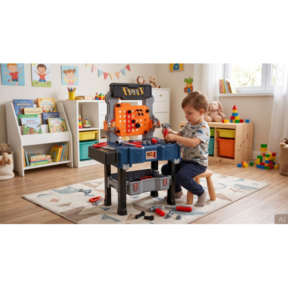 Gyerek barkácsasztal szerszámokkal, bőröndben 65 részes MOBILE TOOL TABLE