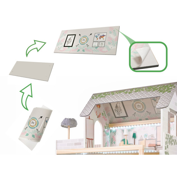 Căsuță din lemn pentru păpuși, cu mobilier și iluminare LED, 78 cm, LULILO FLORO BOHO