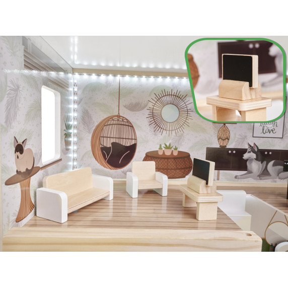 Căsuță din lemn pentru păpuși, cu mobilier și iluminare LED, 78 cm, LULILO FLORO BOHO
