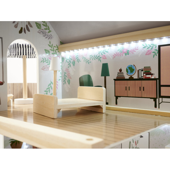 Căsuță din lemn pentru păpuși, cu mobilier și iluminare LED, 78 cm, LULILO FLORO BOHO