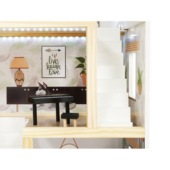 Căsuță din lemn pentru păpuși, cu mobilier și iluminare LED, 78 cm, LULILO FLORO BOHO