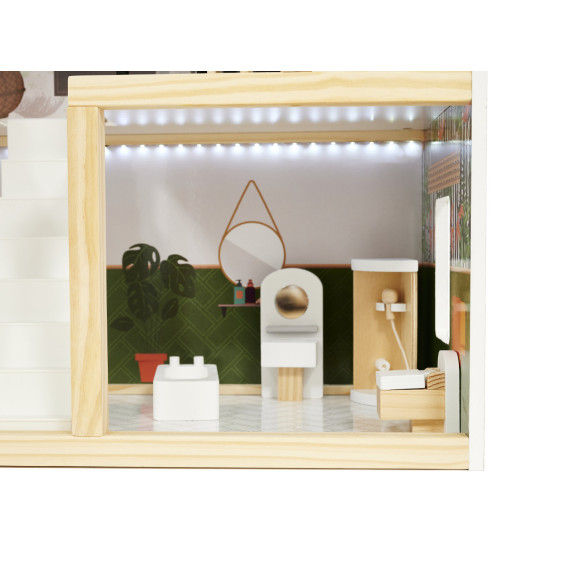 Căsuță din lemn pentru păpuși, cu mobilier și iluminare LED, 78 cm, LULILO FLORO BOHO