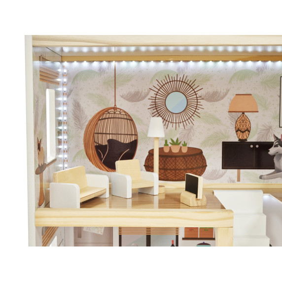 Căsuță din lemn pentru păpuși, cu mobilier și iluminare LED, 78 cm, LULILO FLORO BOHO