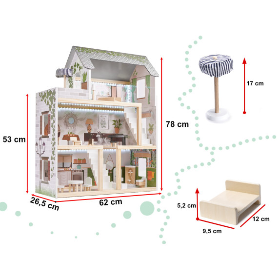 Căsuță din lemn pentru păpuși, cu mobilier și iluminare LED, 78 cm, LULILO FLORO BOHO