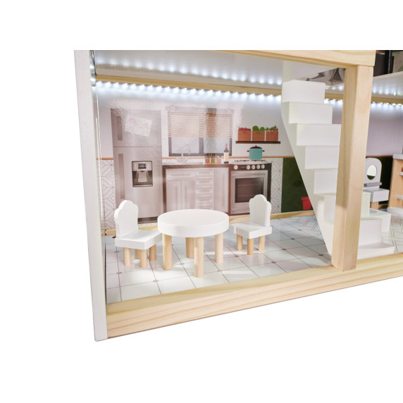 Căsuță din lemn pentru păpuși, cu mobilier și iluminare LED, 78 cm, LULILO FLORO BOHO
