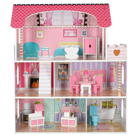 Căsuță de păpuși din lemn cu mobilier și iluminare LED, 70 cm, DOLLHOUSE – Roz