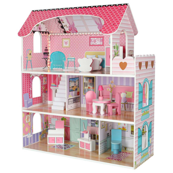 Căsuță de păpuși din lemn cu mobilier și iluminare LED, 70 cm, DOLLHOUSE – Roz