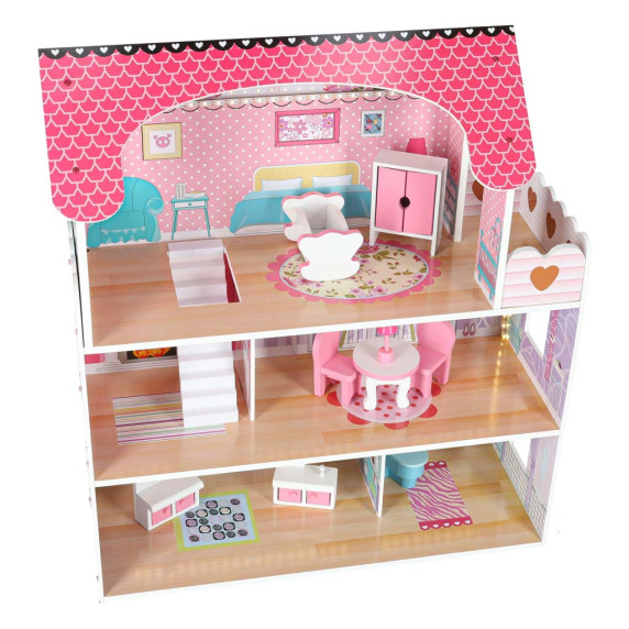Căsuță de păpuși din lemn cu mobilier și iluminare LED, 70 cm, DOLLHOUSE – Roz