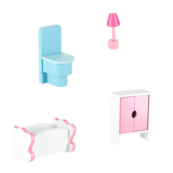 Căsuță de păpuși din lemn cu mobilier și iluminare LED, 70 cm, DOLLHOUSE – Roz