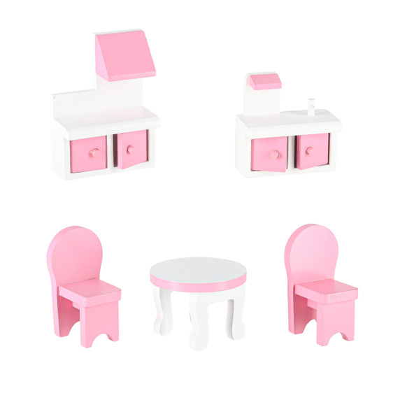 Căsuță de păpuși din lemn cu mobilier și iluminare LED, 70 cm, DOLLHOUSE – Roz
