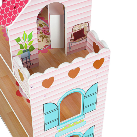 Căsuță de păpuși din lemn cu mobilier și iluminare LED, 70 cm, DOLLHOUSE – Roz