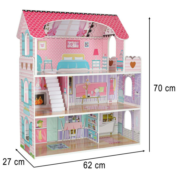 Căsuță de păpuși din lemn cu mobilier și iluminare LED, 70 cm, DOLLHOUSE – Roz