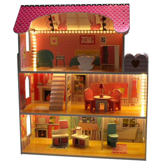 Căsuță de păpuși din lemn cu mobilier și iluminare LED, 70 cm, DOLLHOUSE – Roz