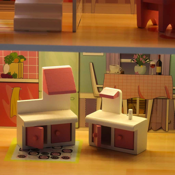 Căsuță de păpuși din lemn cu mobilier și iluminare LED, 70 cm, DOLLHOUSE – Roz