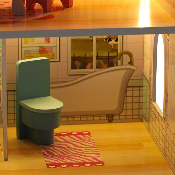 Căsuță de păpuși din lemn cu mobilier și iluminare LED, 70 cm, DOLLHOUSE – Roz