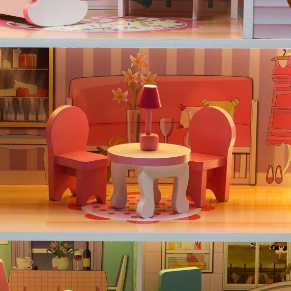 Căsuță de păpuși din lemn cu mobilier și iluminare LED, 70 cm, DOLLHOUSE – Roz