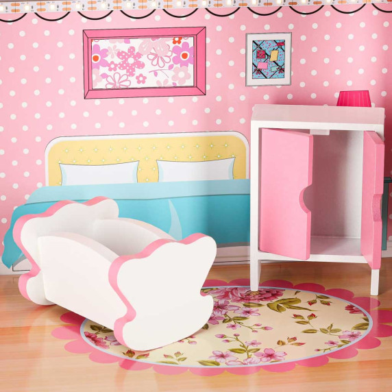 Căsuță de păpuși din lemn cu mobilier și iluminare LED, 70 cm, DOLLHOUSE – Roz