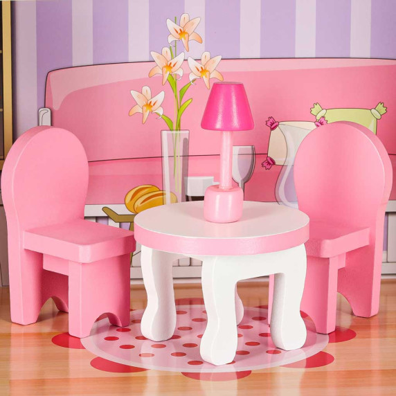 Căsuță de păpuși din lemn cu mobilier și iluminare LED, 70 cm, DOLLHOUSE – Roz