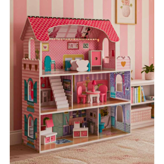 Căsuță de păpuși din lemn cu mobilier și iluminare LED, 70 cm, DOLLHOUSE – Roz