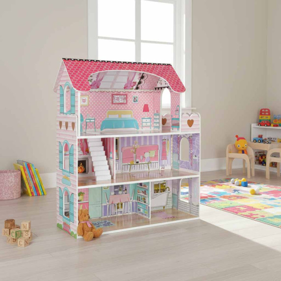 Căsuță de păpuși din lemn cu mobilier și iluminare LED, 70 cm, DOLLHOUSE – Roz