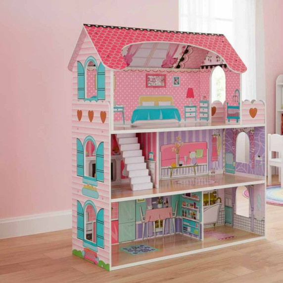 Căsuță de păpuși din lemn cu mobilier și iluminare LED, 70 cm, DOLLHOUSE – Roz