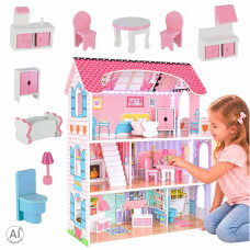 Căsuță de păpuși din lemn cu mobilier și iluminare LED, 70 cm, DOLLHOUSE – Roz - 