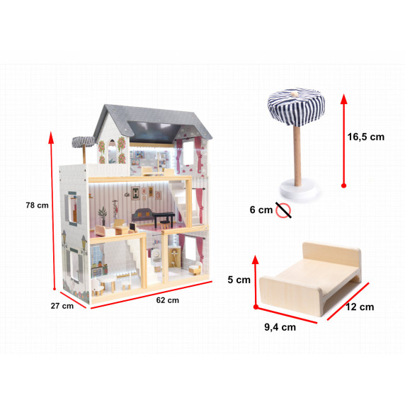 Fa babaház bútorokkal és LED világítással 78 cm RESIDENCE - Fehér