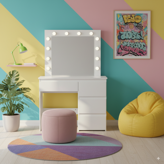 Toaletný stolík Hollywood  s LED osvetlením a 4 zásuvkami PHO4868 - biely