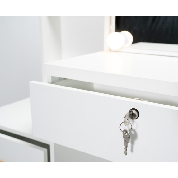 INLEA Toaletný stolík INARA s taburetkou, LED osvetlením (LED ziarovky) a 4 zásuvkami - biely