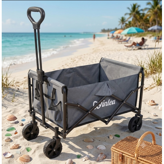 INLEA Cărucior pliabil pentru plajă și camping TRAX LITE cu roți de 5 inch – gri