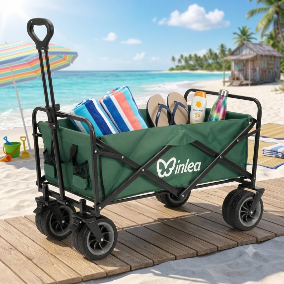 INLEA Cărucior pliabil pentru plajă și camping TRAX PRO cu roți de 8 inch – verde