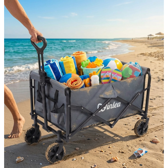 INLEA Cărucior pliabil pentru plajă și camping TRAX LITE cu roți de 5 inch – gri