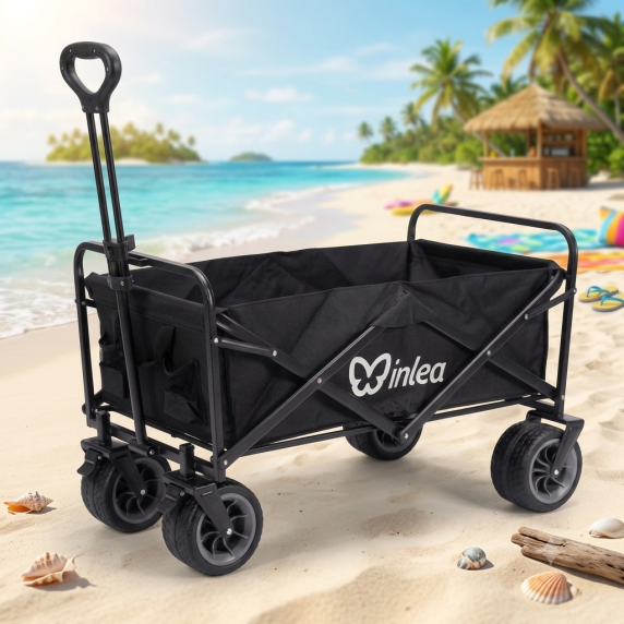INLEA Cărucior pliabil pentru plajă și camping TRAX PRO cu roți de 8 inch – negru