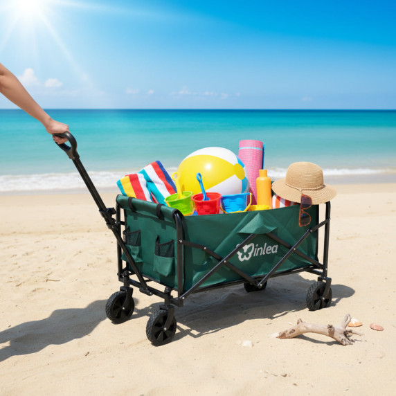 INLEA Cărucior pliabil pentru plajă și camping TRAX LITE cu roți de 5 inch – verde