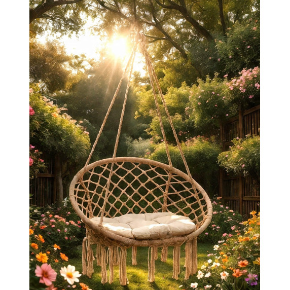 GARDEN LINE Závesné kreslo okrúhle BOHO - béžové