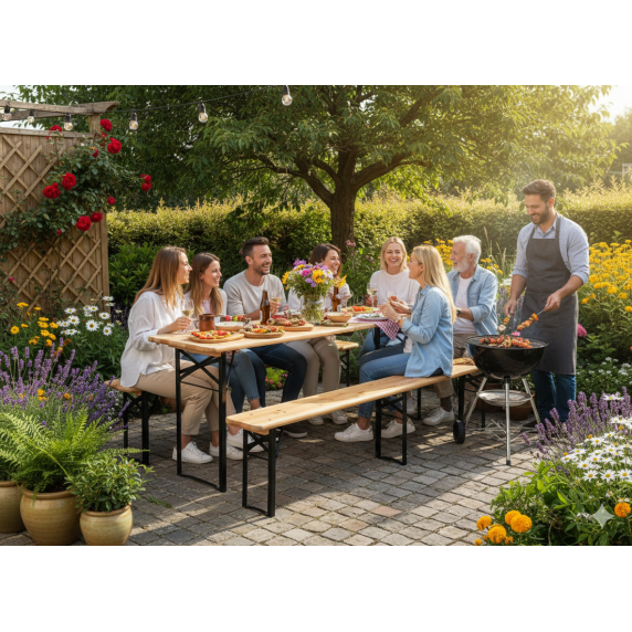 GARDEN LINE Zložljiv vrtni set z mizo in klopmi – natur