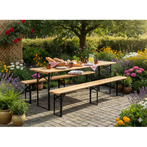 GARDEN LINE Zložljiv vrtni set z mizo in klopmi – natur