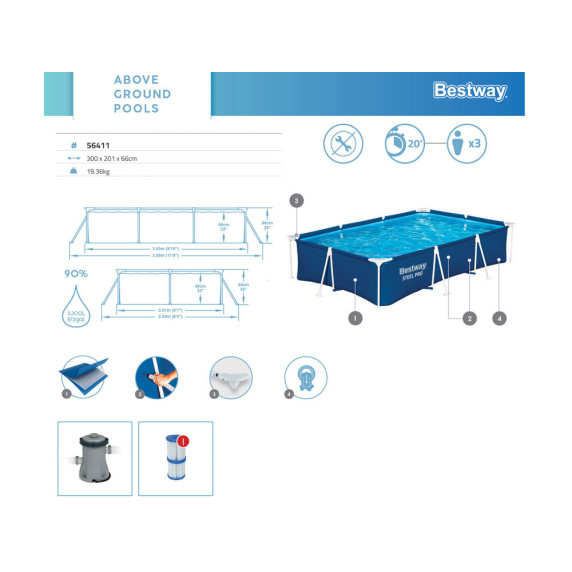 Piscină cu filtru -  300x201x66 cm - BESTWAY 56411 - Steel Pro