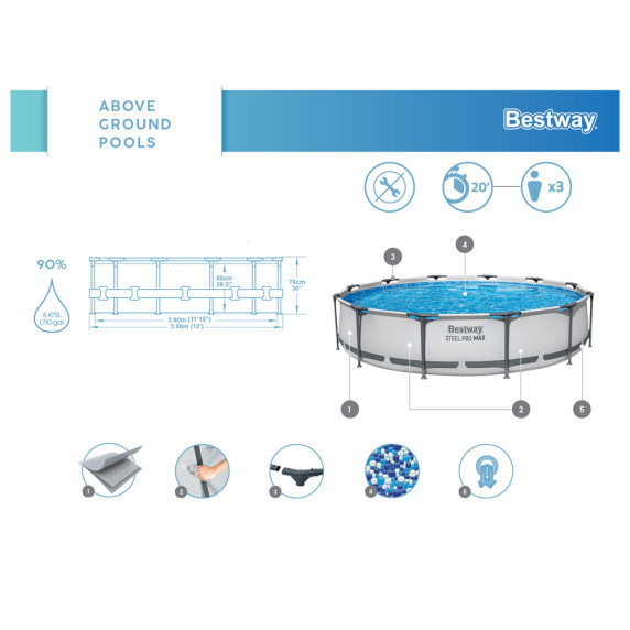 Piscină cu cartuș de filtrare - 366x76 cm - BESTWAY 56416 Steel Pro Max