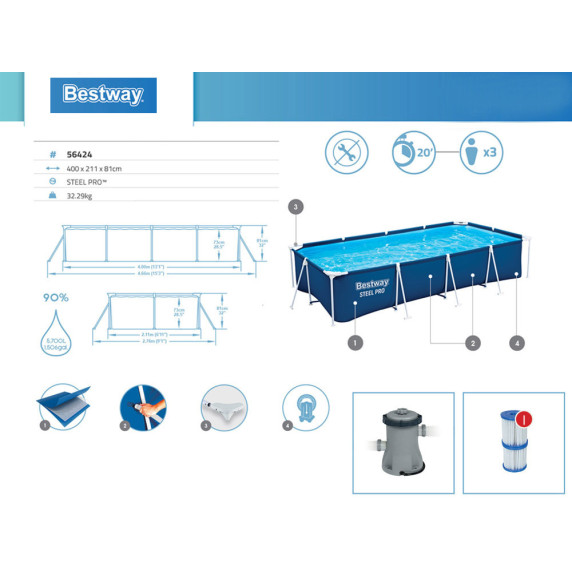Piscină cu filtru - 400x211x81 cm - BESTWAY 56424 Steel Pro