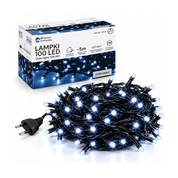 Instalație LED de Crăciun 100L, 5 + 3 m – Alb Rece, pentru Exterior și Interior