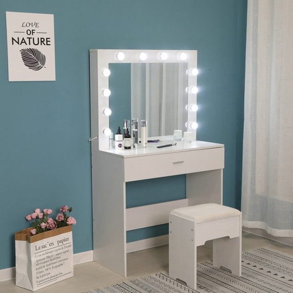 INLEA Toaletný stolík LARIX s taburetkou, LED osvetlením (LED žiarovky) a zásuvkou - biely