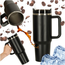 Termohrnček so slamkou a rúčkou 1200 ml - čierny - 