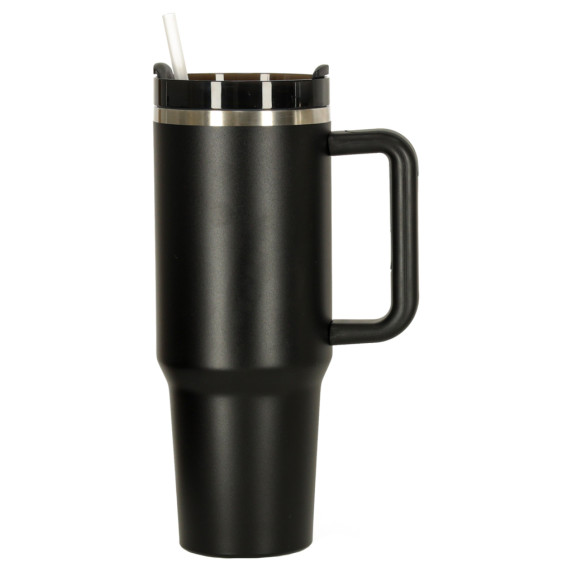 Termohrnček so slamkou a rúčkou 1200 ml - čierny