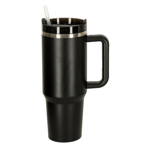 Termohrnček so slamkou a rúčkou 1200 ml - čierny